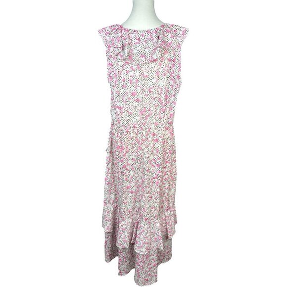 Eloquil Women's Pink Ruffled Floral Blouson‎ Crepe Asymmetric MIDI Dress 16/C44 - Picture 4 of 11